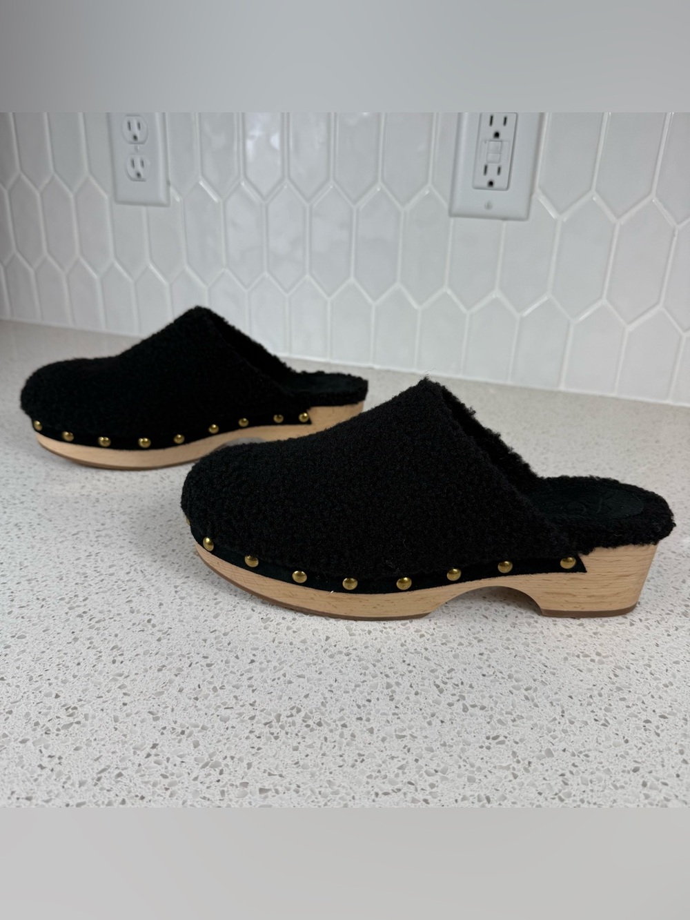 J.Crew Dakota Black Curly Shearling Wooden Studded Clogs Women’s Size 7.5